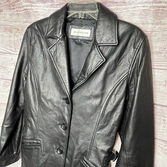 Jones New York Black Structured Leather Coat Jacket - Picture 5 of 9